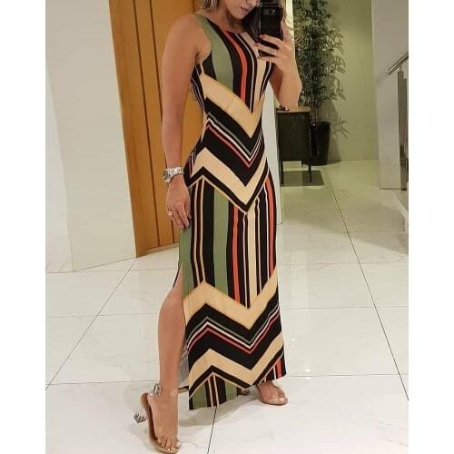 Elegant Summer Round Neck Sleeveless Sexy Maxi Dress 2020 Women Fashion Colorful Striped Print Side Slit Maxi Dress