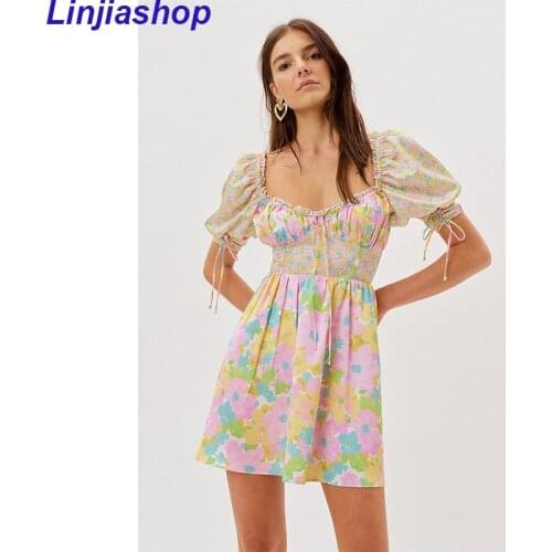 Square Collar Floral Print Mini Dress Bohemian Puff Sleeve Ruched Woman Summer Autumn Holiday Vintage Short Dresses