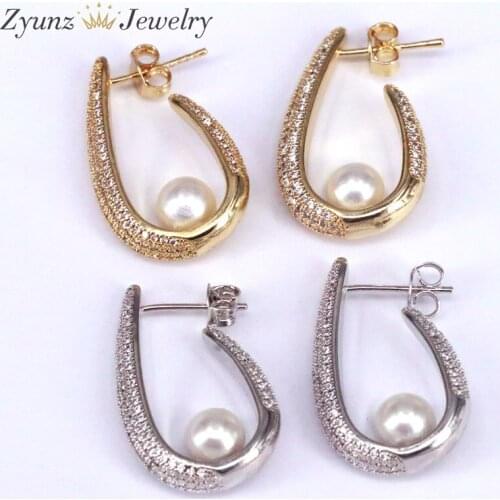 3 Pairs, CZ Crystal White Simulated Pearl Stud Earrings For Women Girls Trendy Bohemia Beach Earrings