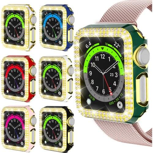 360 Full Screen Protector Bumper 6D Dazzling Carving PC Double Row Diamonds Protective Case For Apple Watch 38/40/42/44mm IWatch