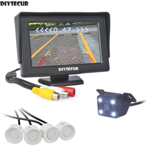 DIYSECUR 4.3inch Car Monitor + 4 x LED Color Night Vision Rear View Car Camera Video Parking Radar 4 Sensors
