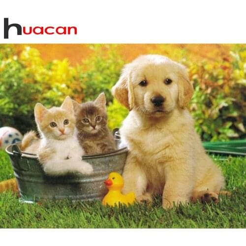 Huacan Diamond Painting Full Square/Round Dog Cat 5D Diamond Mosaic Embroidery Animals Paintings For Interior Bedroom Decoration