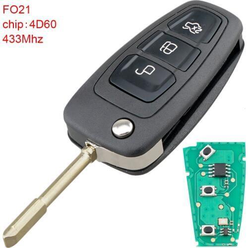 433Mhz 3 Buttons Flip Remote Key Fob with 4D60 Chip and F021 Blade Fit for Ford/Focus/Mk1/Mondeo