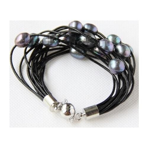 8" 13mm 15row black Freshwater pearls black leather bracelet