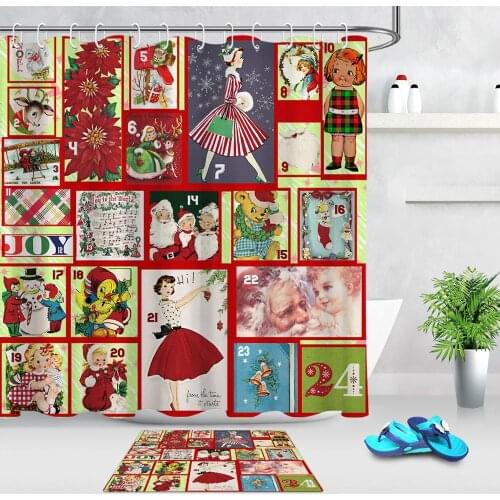 Cartoon Design Children Baby Christmas Shower Curtain Collage Pattern Fabric Bathroom Shower Curtain Set with Hooks Decoration