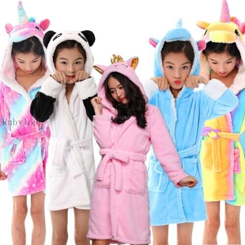 Winter Autumn Unicorn Hooded Children Bathrobes Kids Cartoon Bath Robe Animal For Boys Girls Pyjamas Nightgown Kids Sleepwear