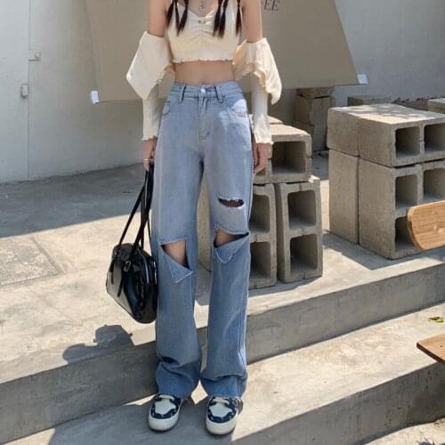 Harajuku Holes Gradient Color Ripped Jeans Women Slim Straight Wide Leg Loose Drape High Waist Mom Trouser Plus Size Denim Pants