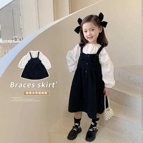 2021Spring Summer Fashion Baby Girls Cotton Leisure Clothes Lace White Blouse+Black Suspender Dresses 2 Pieces Sets Kids Costume
