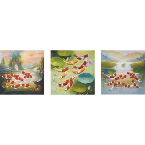 Impressionist art oil painting A set of chinese fish painting with 3 pieces printed on cotton canvas for home decor 30x30cmx3
