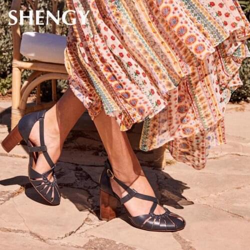 Summer Dress Women Sandals Thick High-heeled Buckle Shoes for Girls Fashion Retro Round Toe Hollow Ladies Dance Shoes Party