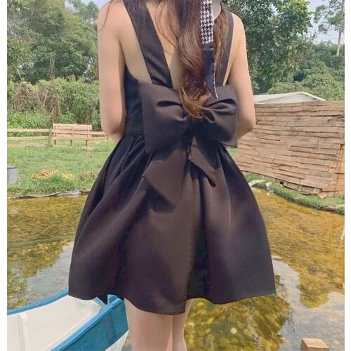 Hstar 2021 Summer Sexy Tank Dress Women Party Backless Bow Black Hepburn Mini Dress Sleeveless Korean Vintage Sweet Sundress