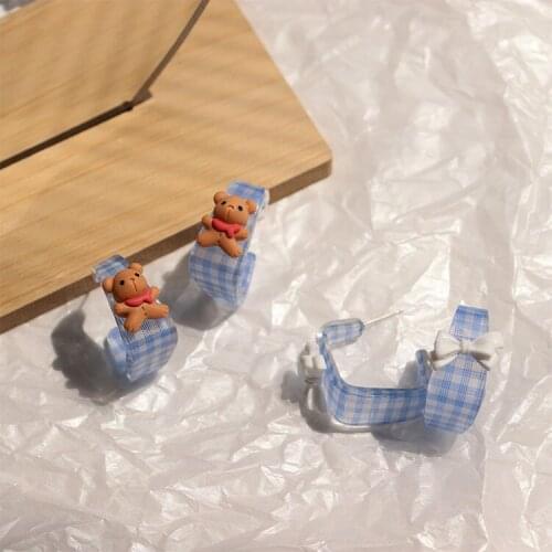 Cute Earrings Bear Ear studs Cartoon Girl Baby Blue Plaid Sweet Cream White Bow Silver Needle Ins style Earrings Womens Jewelry