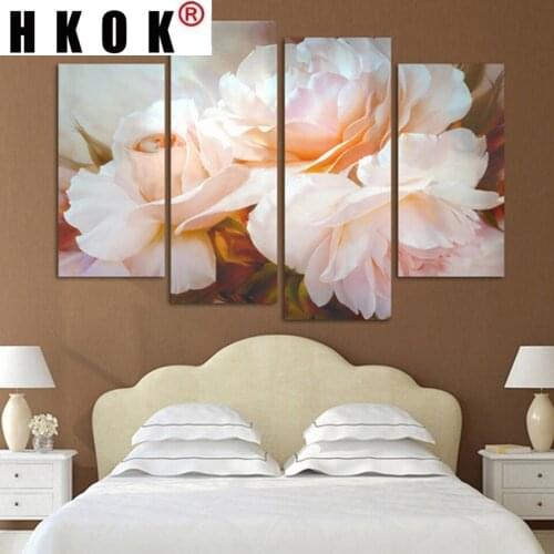 HKOK 4 Panels Flower Pink Rose Modular Wall Art HD Pictures Canvas Painting Modern Prints Posters For Living RoomHome Decor