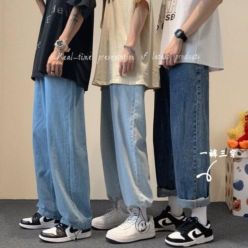 2021 Mens Trend Waist Elastic Casual Pants Solid Color Baggy Homme Cargo Pocket Jeans Loose 9-point Blue Color Trousers M-5XL