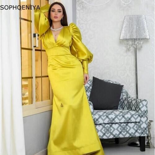 New Arrival V Neck Gold Dubai Muslim evening dress 2021 Long sleeve evening dresses Mermaid abiti da cerimonia Evening gowns