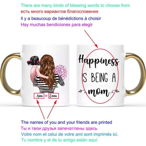 Personalized Coffee Mug Family Mom and Daughter cup Creative DIY mug Gold handle Happiness Is Being A Mom Gift Mugs Cups