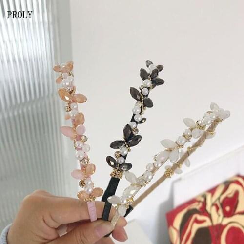 PROLY New Fashion Rhinestone Hairband For Adult Pearls Flower Headband Fresh Girls Headwear Soft Handmade Hair Accessories