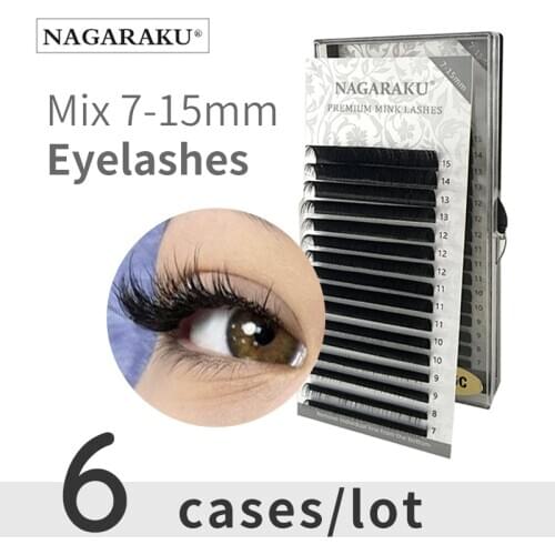 NAGARAKU Fast Ship 6 Cases Lot Individual Eyelash Extension 16 Lines Mix 7-15mm High Quality Soft Natural Synthetic Mink Makeup