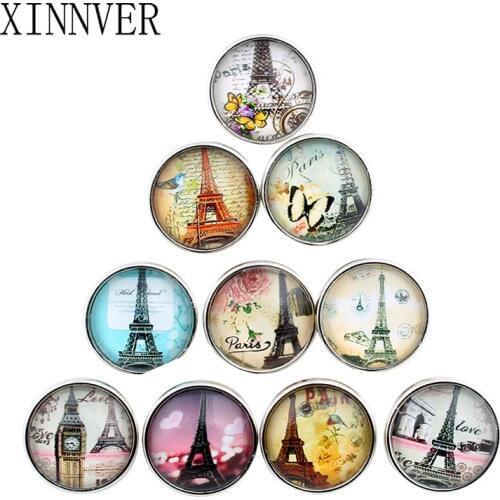 10pcs Mixed 18MM glass cabochon xinnver snap button Eiffel Tower design fit DIY snap bracelet jewelry OEM ODM print button ZB322