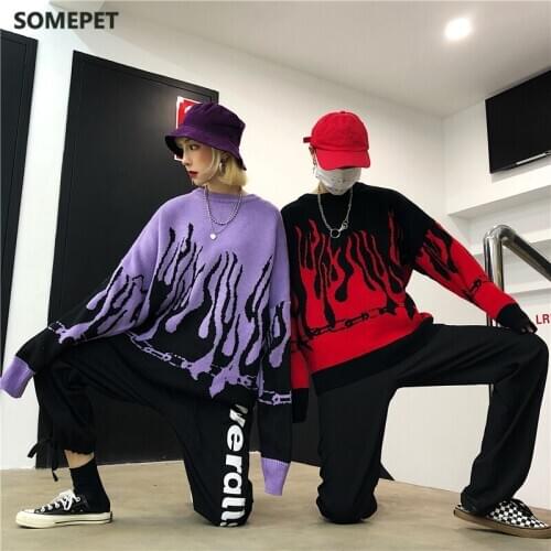 Couple Sweater Harajuku Hip Hop Flame Fire Sweaters Knit 2020 Autumn Winter Man Women Outfits Loose Pullover Fashion Tops Unisex