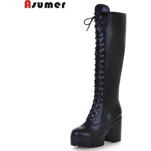 ASUMER 2021 New big size knee high boots women square high heels platform ladies boots lace up autumn winter boots female