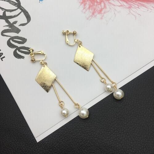 Gold Siver Rhombus Pearl Earrings for Women Fashion Dangle Drop Clip-on Earrings Non-pierced Party Jewelry Hypoallergenic