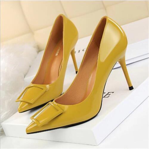 Square Buckle Fashion OL Office Shoes 2019 New Womens Concise Patent Leather Shallow High Heels Shoes Pointed Toe Women Pumps