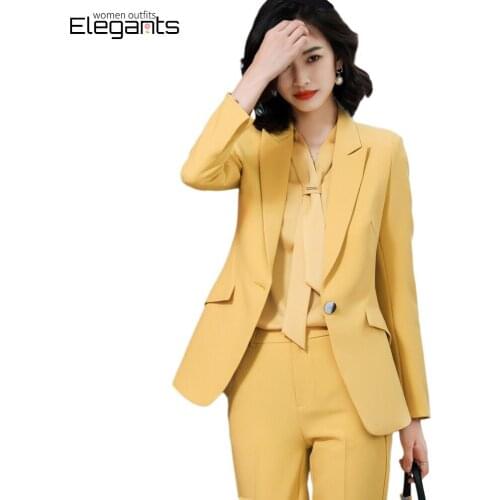 Office Lady Business Work Wear Fashion Pant Suits Women 2 Piece Blazer Set Autumn Winter Green Yellow Outfits Trousers Jacket XL