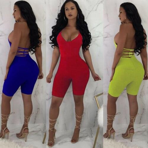 Women Sports Running Gym Fitness Solid Romper Jumpsuit Summer Sexy Backless Jumpsuits Sleeveless V-Neck Beach Style Playsuits