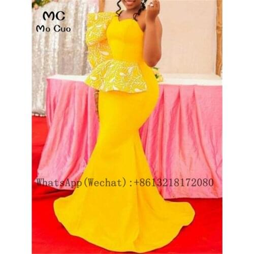 2021 Yellow Plus Size Mermaid Prom Dresses with Lace Appliques Elastic Satin One Shoulder Black Womens Evening Prom Gown