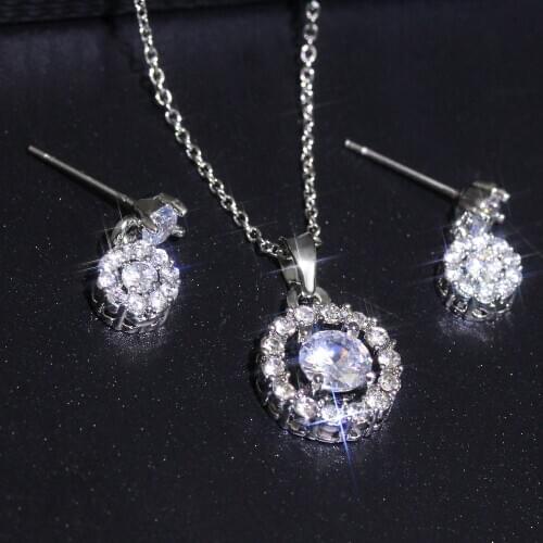 Women Necklace Earrings Silver Plated Cubic Zirconia Round Jewelry Set Couple Wedding Jewelry Set Fashion Simple Jewelry Set