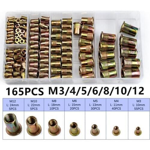 165pcs Mixed Zinc Plated Carbon Steel Rivet Nut Threaded Rivnuts Insert M3/4/5/6/8/10/12 Assortment Set