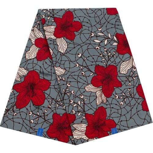 2019 Top Quality African Ankara Veritable Guaranteed Real Wax Fabric Red Flower Gray 100% Cotton Sewing Fabric 6 Yards\Lot