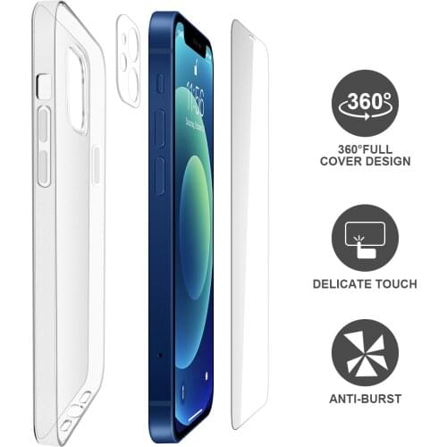 3 in 1 Mobile Phone Protection Set Tempered Glass Screen Protector/ Lens Protector/ TPU Soft Case For iPhone 12