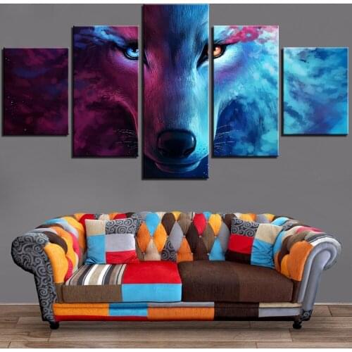 5 piezas de lienzo de lobo arte de la pared pintura al óleo dos colores púrpura azul carteles fotos para la decoración de la hab