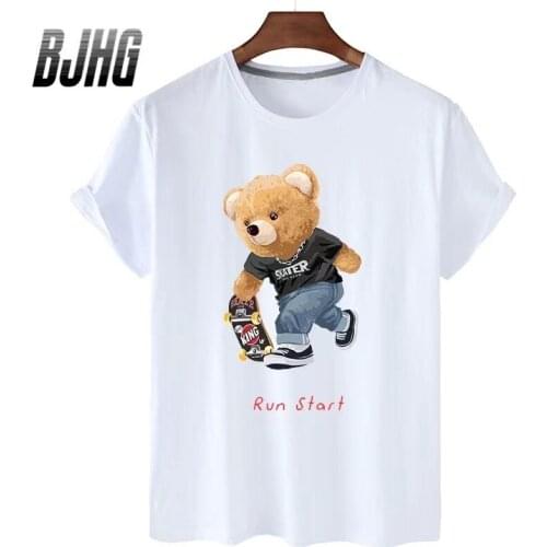 100% Cotton Skateboard Bear Print Short-sleeved T-shirt Women Half-sleeved Summer Casual Oversized T-shirt Ladies Shirt S-3XL