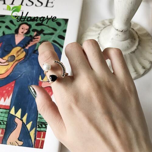 Hongye Smile Shape Women Rings with High-Quality Zircon Adjustable Finger Accessories Vintage Natural Pearl Ring Silver 925