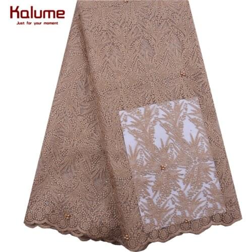 Kalume Brown French Mesh Lace Fabric Top Sale African Dry Lace Fabric With Stones And Beads For Nigerian Wedding Paty F1867