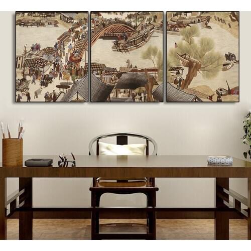 Chinese Painting Retro Vintage Landscape Posters and Prints for Living Room River On The Qingming Festival Canvas Art Prints