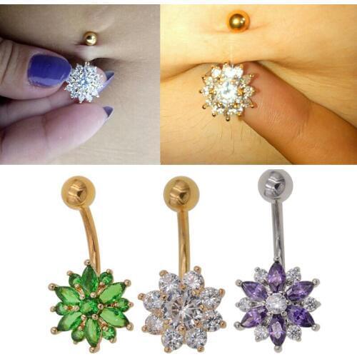 1Pc 14G 316L Stainless Steel Flower Zircon Navel Bars Silver Gold Color Belly Button Ring Navel Piercing Jewelry 1.6*10*5*8mm
