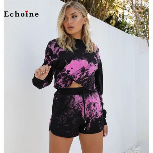 Echoine Fashion 2 Piece Set Women Tracksuit Casual Tie-Dye Style Print Hoodie Suit Tops O-Neck Street Short Pants Sport Clothes