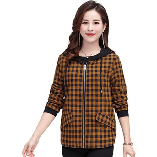 New 2020 Spring Autumn Womens Jacket Middle-aged Mother Hooded Zipper Coat Outerwear Female Large Size 5XL Casual Lattice Coats