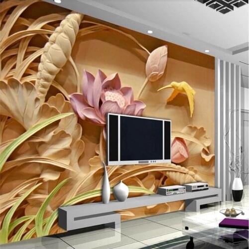 Beibehang Wallpaper custom mural wallpaper modern style woodcarving lotus mural TV background wall background painting