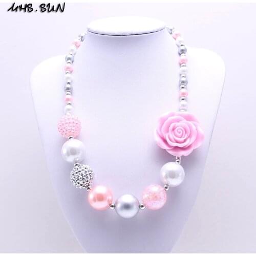 MHS.SUN Lovely Pink Design Bubblegum Choker Necklace For Kids Candy Color ABS Pearl Round Beads Necklace Girls Party Favor