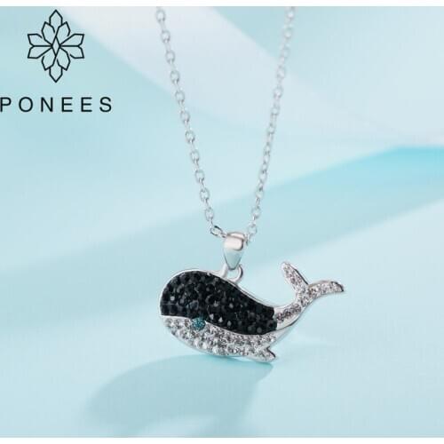 PONEES Cute White/Black Crystal Whale Necklace Animal Necklace Fish Necklaces & Pendants For Women