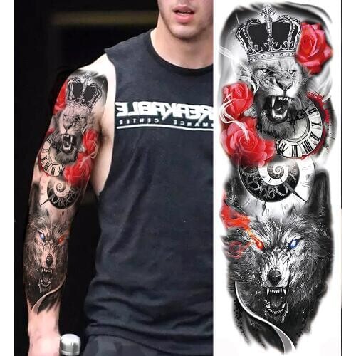 Red Rose Tiger Temporary Tattoos For Men Women Body Art Full Arm Sleeve Fashion Tatoo Waterproof Fake Lion Wolf Tattoo Stickers
