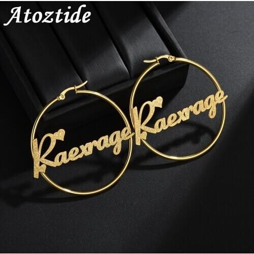 Atoztide Personalized Name Stainless Steel Letter Earrings For Women 4 Color Custom Name Cricle Frosted Earrings Party Jewelry