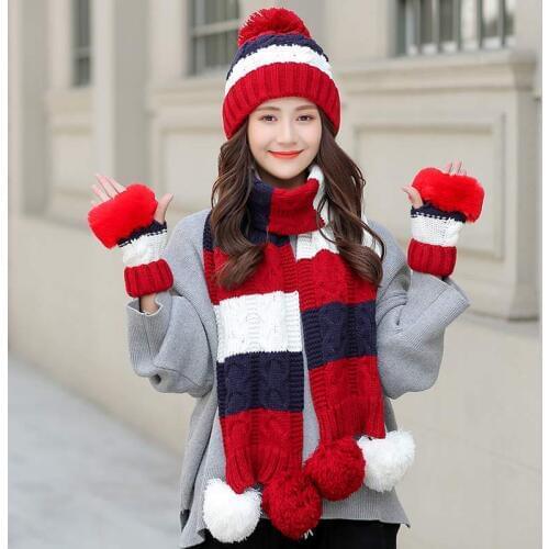 Warm 3 Pieces Set Winter Hats Scarf Gloves For Women Girls Thick Cotton Winter Accessories Hats Sets Female Beanie Scarf Gloves