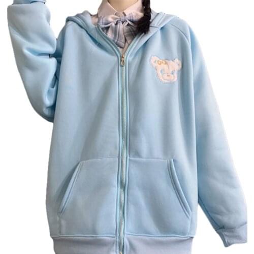 Y166 Women Girl Japanese Style Hooded Jacket Cute Plush Rabbit Ears Oversized Loose Sweatshirt Coat Bear Embroidery Zip Up with