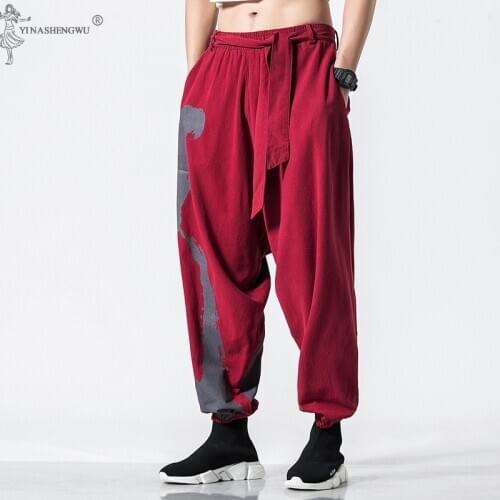 Japanese KimonoTraditional Pants Streetwear Mens Hemp Clothing Harem Sweatpants Pantalon Kung FuTrousers Chinese Pants